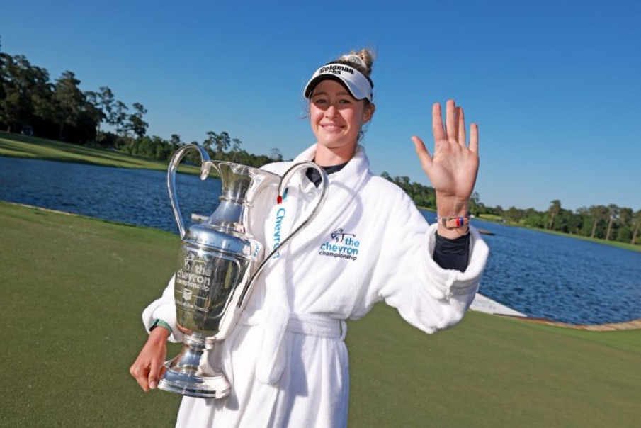 LPGA Chevron Championship winner Nelly Korda with trophy made by Malcolm DeMille